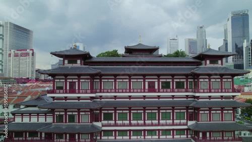 Singapore Content : Aerial drone view of China Town with the famous  Chinese temple landmark in downtown Singapore - Circa June 2022