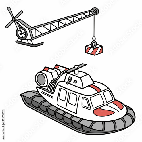 White hovercraft with red accents and grey crane lifting cargo rescue