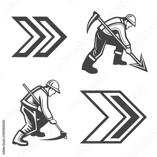 Worker with scythe and directional arrows symbol