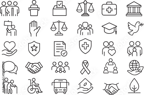 A Set of Thin Line Icons for Human Rights, Social Justice, and Community Themes