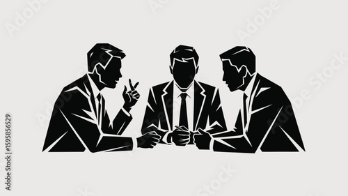 Three business people in suits having a discussion in a meeting or brainstorming session