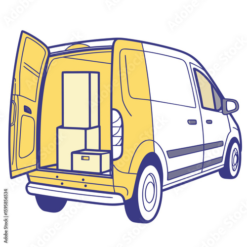 Yellow and white cargo van with open doors and boxes delivery van shipping