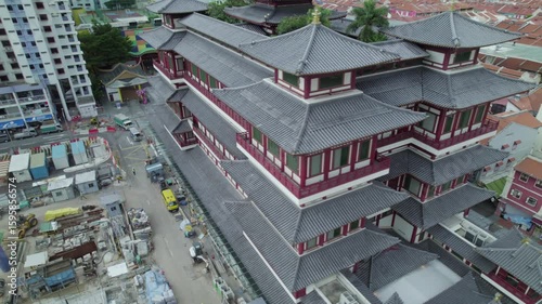 Singapore Content : Aerial drone view of China Town with the famous  Chinese temple landmark in downtown Singapore - Circa June 2022