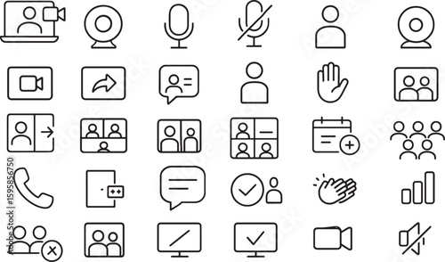 A Set of Thin Line Icons for Video Conferencing, Online Meetings, and Virtual Communication