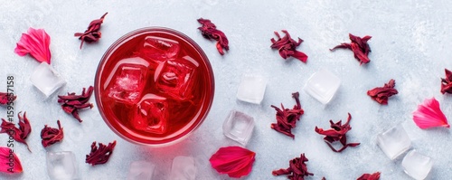 A refreshing red hibiscus iced drink surrounded by ice cubes and dried hibiscus petals on a light surface.