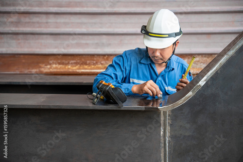 UT, Ultrasonic testing to detect imperfection or defect in welding of steel plate structure in factory. NDT Inspection.