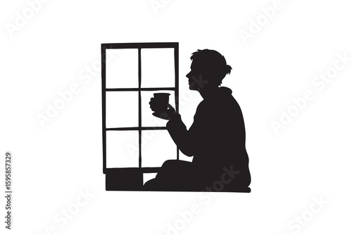 Silhouette of a person sitting by a window with a cup enjoying a quiet moment of reflection and relaxation black and white minimalist design peaceful Art & Illustration