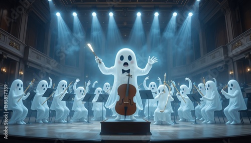 Whimsical Ghost Orchestra Performing a Concert on a Dramatically Lit Stage in a Grand Hall