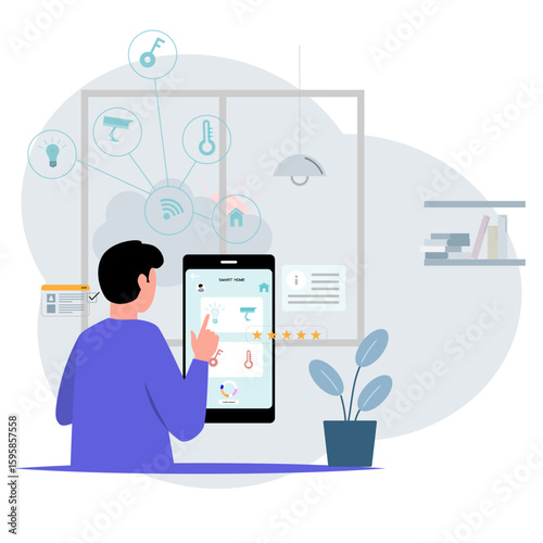Flat illustration vector of man using a tablet to control smart home devices. Cozy modern living room with IoT icons showing temperature, lights, and security controls.,Modern business.