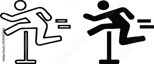 Hurdle Icons. Black and White Vector Illustration. Athlete Jumping Over Hurdle. Competition, Sport. Running Concept