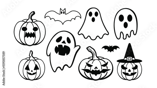 Halloween Black and White Pumpkin Ghosts Bats Witch Hat Vector Set