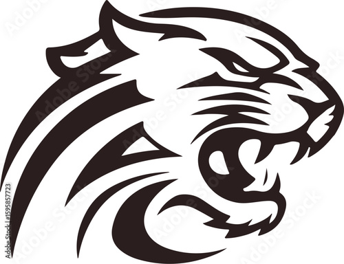 Tribal Big Cat Icon – Roaring Panther or Tiger in Bold Black Line Style for Strength, Mascot, and Tattoo Themes