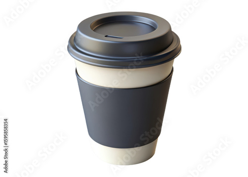 Realistic 3d render of a takeaway coffee cup with dark lid and sleeve isolated on transparent background