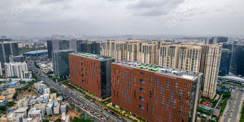 Aerial view of Hitec city with in Hyderabad city a major Information technology hub in India, Locates several big tech companies.