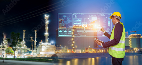 Industrial engineer managing smart energy plant with touch screen interface, high-tech dashboard in refinery, digital transformation, automation, future energy infrastructure, and smart control system