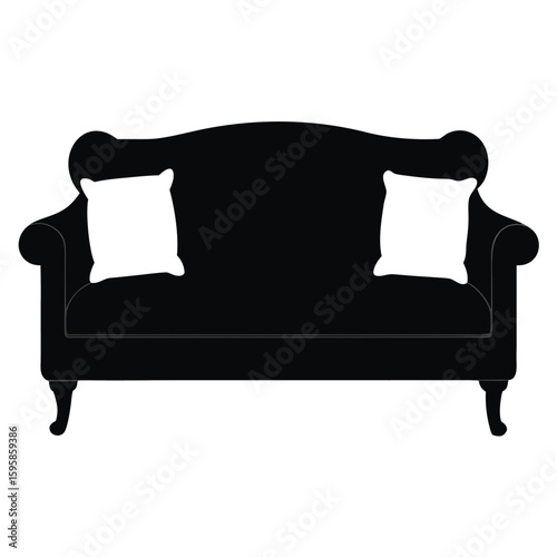 Simple silhouette of a sofa with cushions isolated on white background