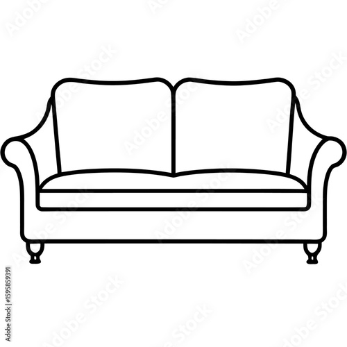 Simple line art drawing of a sofa with cushions and armrests isolated on white background