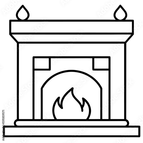 Line art of a fireplace mantel with decorative elements isolated on white background