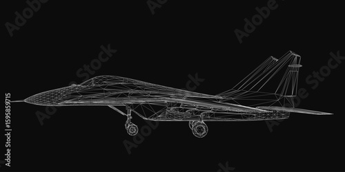 A 3D wireframe model of a combat fighter jet stands out against a black background, showcasing detailed structural lines. The sleek design highlights aerodynamic features with precision.
