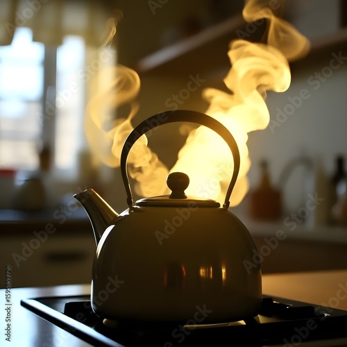Whistle of a kettle growing louder in a sunlit kitchen.