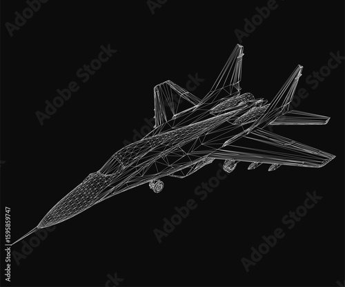 A 3D wireframe model of a combat fighter jet floats against a black background, showcasing intricate structural details. The sleek design highlights advanced aerodynamics with realistic rendering.