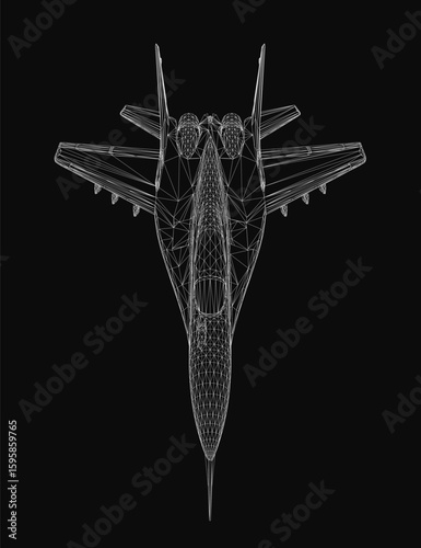 A sleek 3D wireframe model of a combat fighter jet floats against a black background. The detailed mesh structure highlights the aircraft's aerodynamic design.