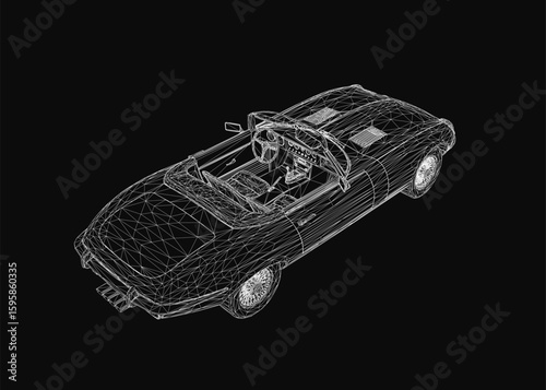 A classic convertible car rendered in detailed 3D wireframe style, showcasing sleek curves and intricate design on a black background. The transparent mesh effect highlights the vehicle's structure.