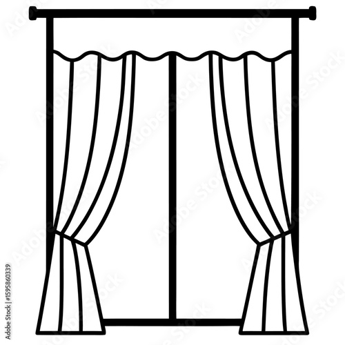 Elegant line art of window curtains with soft folds isolated on white background