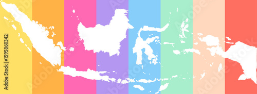 White silhouette map of Indonesia with Vibrant rainbow backdrop, highlighting its landmass. Suitable for geographic and design concepts.
