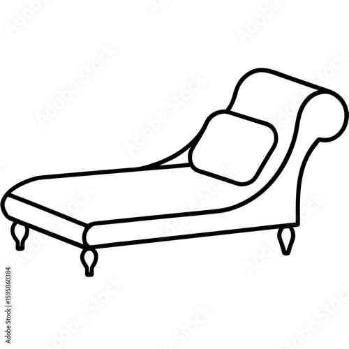 Elegant line art illustration of a chaise lounge with cushions isolated on white background