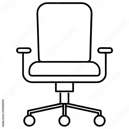 Simple line art drawing of an office desk chair with wheels and armrests isolated on white background
