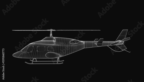 A detailed 3D wireframe model of a helicopter with intricate lines and curves, showcasing realistic design elements. The white blueprint contrasts sharply against the black background.