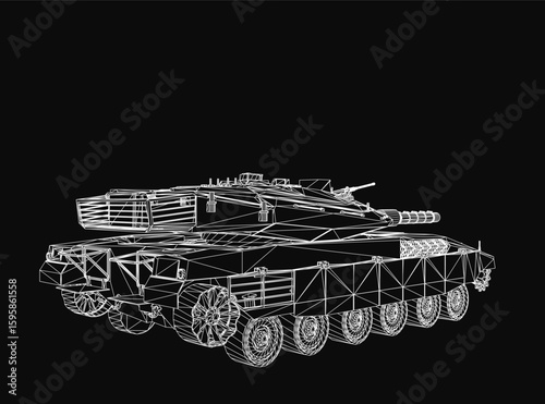 Battle Tank depicted in bold black and white contour lines against a dark background. The detailed military illustration highlights the tank's angular armor and powerful cannon.