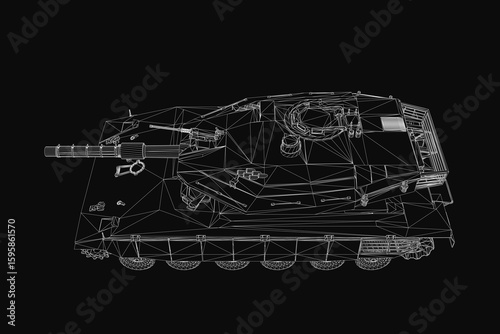 A black and white wireframe tank stands out against a dark background with detailed tracks, turret, and gun. The stark contrast highlights the military vehicle's intricate structure.