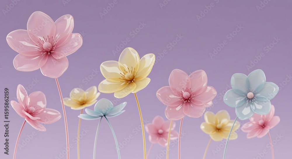 Obraz premium Minimalist Glossy Flower Grouping with Pastel Colors on Soft Gradient Background