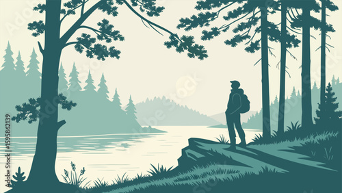 Hiker on the Edge of a Peaceful Lake at Sunrise with Pine Forests and Misty Mountains