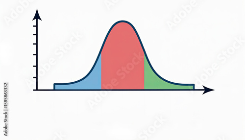 A bell curve graph with three colored sections: blue on the left, red in the center, and green on the right, showing distribution on an x-y axis