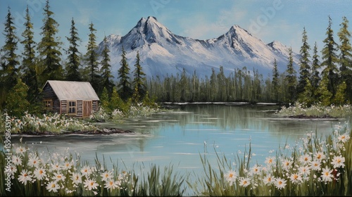 Rustic Cabin Lakeside Mountain View Painting