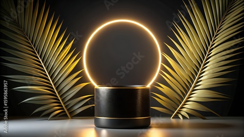 Cyber-Luxury Black Smart Speaker with Gold Ring Light, Palm Leaf Silhouette & Neon Glow on Dark Podium