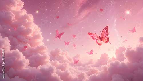 A pink sky with stars clouds butterfly and hearts