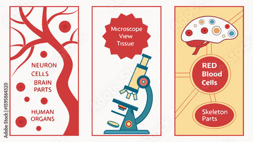 Illustration showing neuron cells, microscope view of tissue, and red blood cells with brain parts created with generated ai