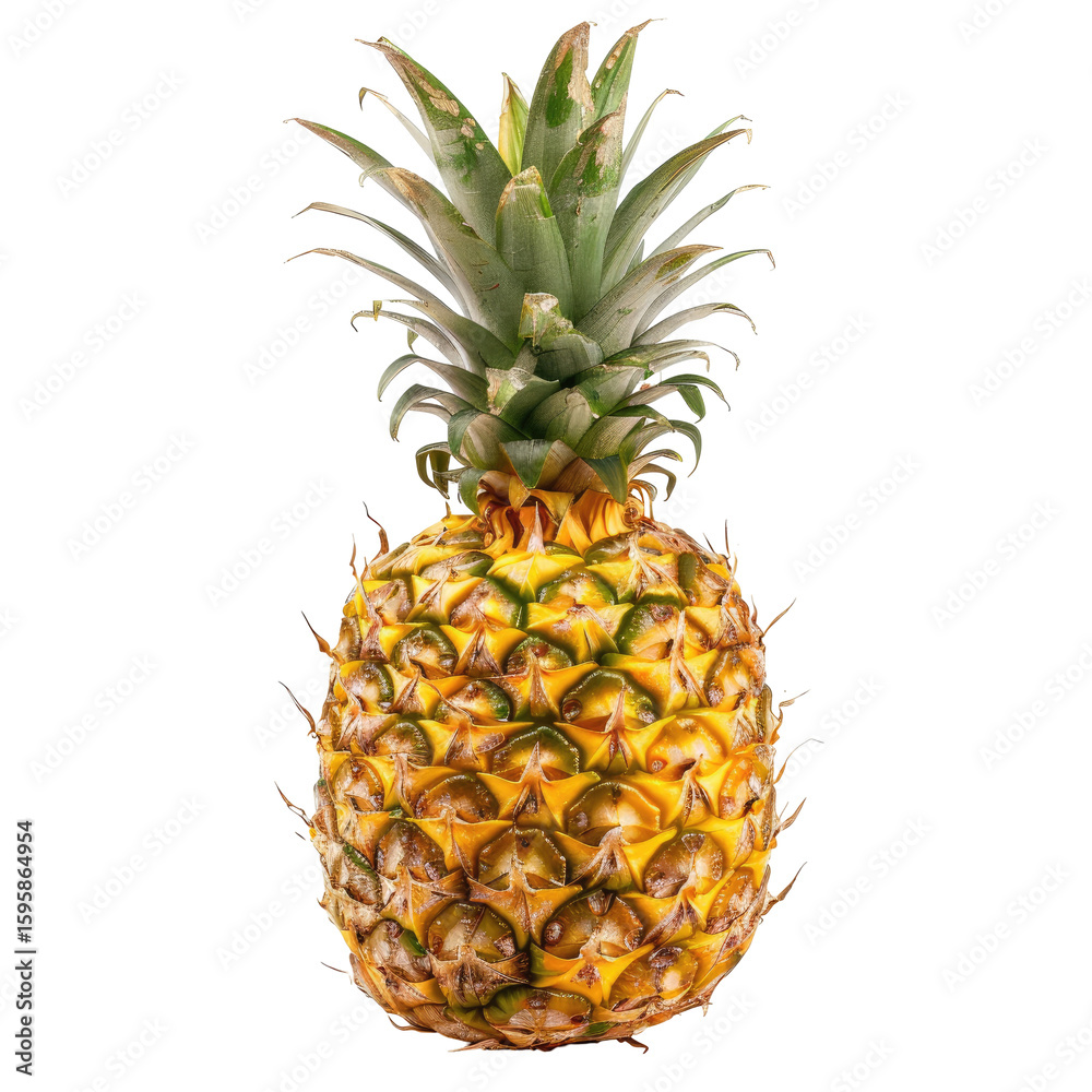 Fototapeta premium Single pineapple, vibrant yellow, green crown