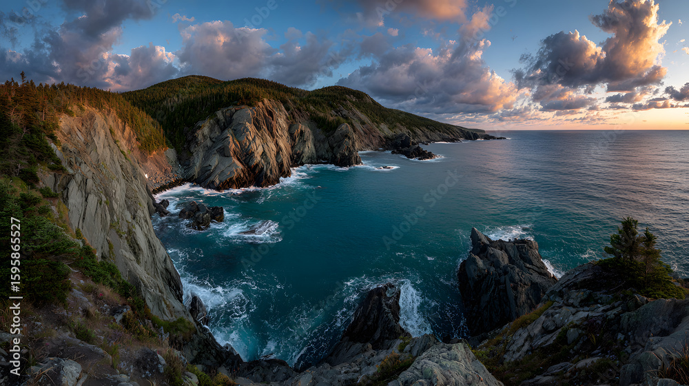 Dramatic Sunset Over Rugged Nova Scotia Coastline with Crashing Waves and Golden Ocean Reflections – Scenic Wide-Angle Landscape in Cinematic Tones Dramatic Sunset Over Rugged Nova Scotia Coastline with Crashing Waves and Golden Ocean Reflections – Scenic Wide-Angle Landscape in Cinematic Tones