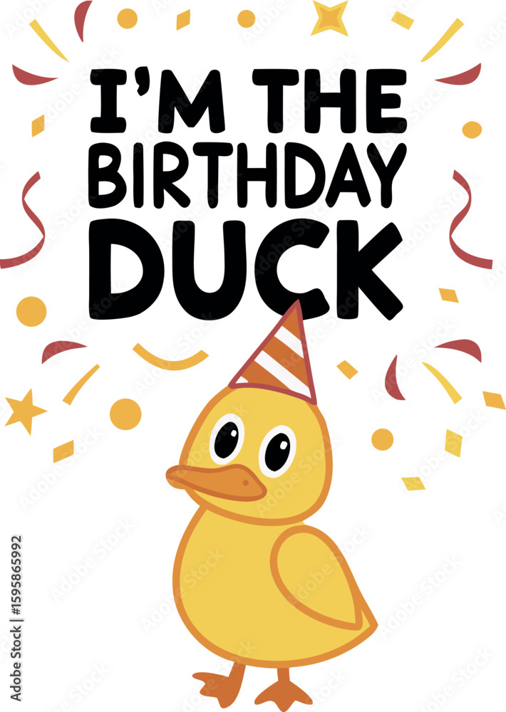 Fototapeta premium Adorable yellow cartoon duck is ready to celebrate a birthday wearing a party hat