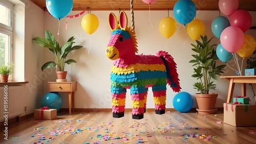 Colorful Donkey Pinata Hung at a Birthday Party with Balloons and Confetti Decorating the Room for Celebration