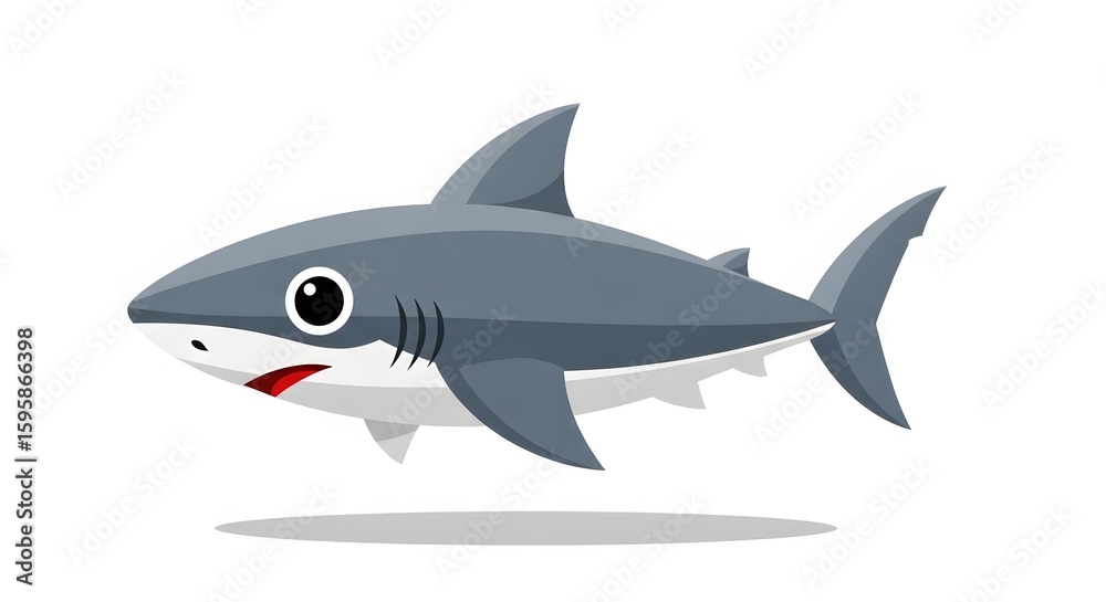 Naklejka premium A cute, cartoonstyle grey shark with big eyes and a friendly smile swims on a white background, isolated