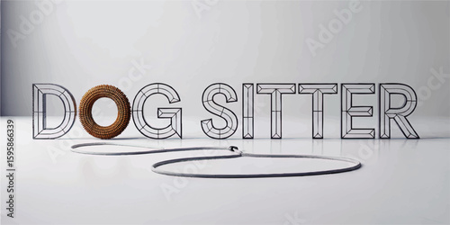 Modern 3D Dog Sitter Typography with Leash and Dog Treats on Minimal White Background – Pet Care Concept Design