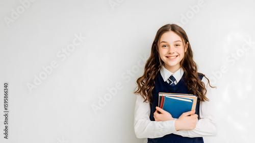 Happy, smiling girl in a school uniform holding books, standing against a clear white background with copy space.