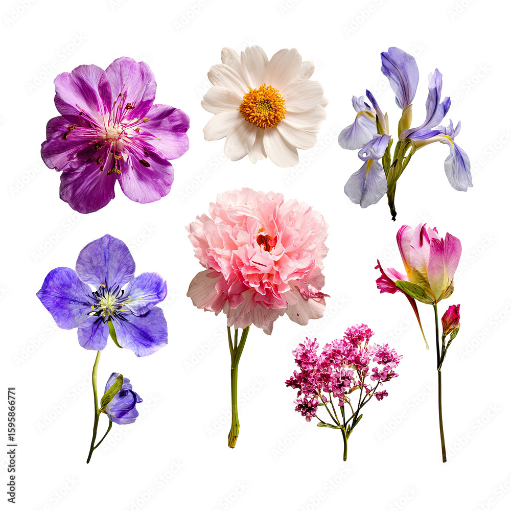 Obraz premium Nine vibrant flowers in various shades of pink, purple, and white, arranged in a grid pattern against a black background. Close-up view, emphasizing floral details