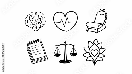 Doodle style icons representing mental health, balance, and physical well being in black and white created with generated ai